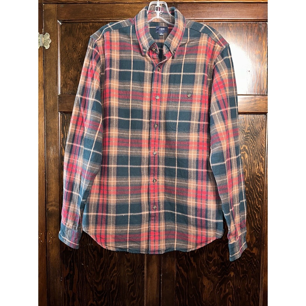 J Crew Plaid Rugged Shirt‎ Men's Sz Medium F4557 Green Red Tan Tartan Elbow Pad